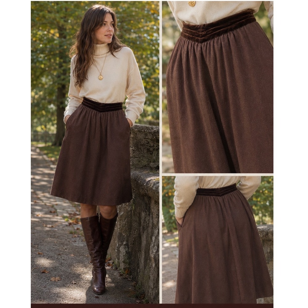 Vintage Escada by SRB Brown Wool Velvet Trim Midi Skirt Western Germany Size 40